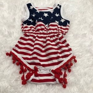 Infant stars and stripes one piece romper with pom poms size Med Patriotic